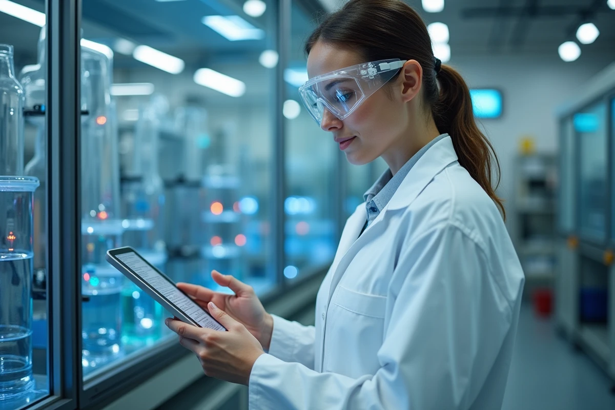 Scientifique analysant des données sur la technologie des piles à combustible à hydrogène en laboratoire
