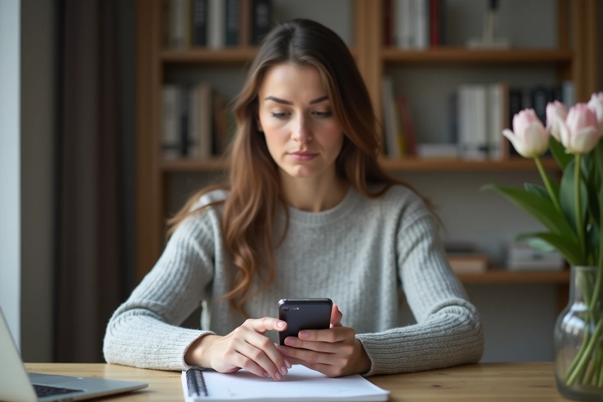 Femme signalant un contact suspect sur son smartphone dans un bureau à domicile