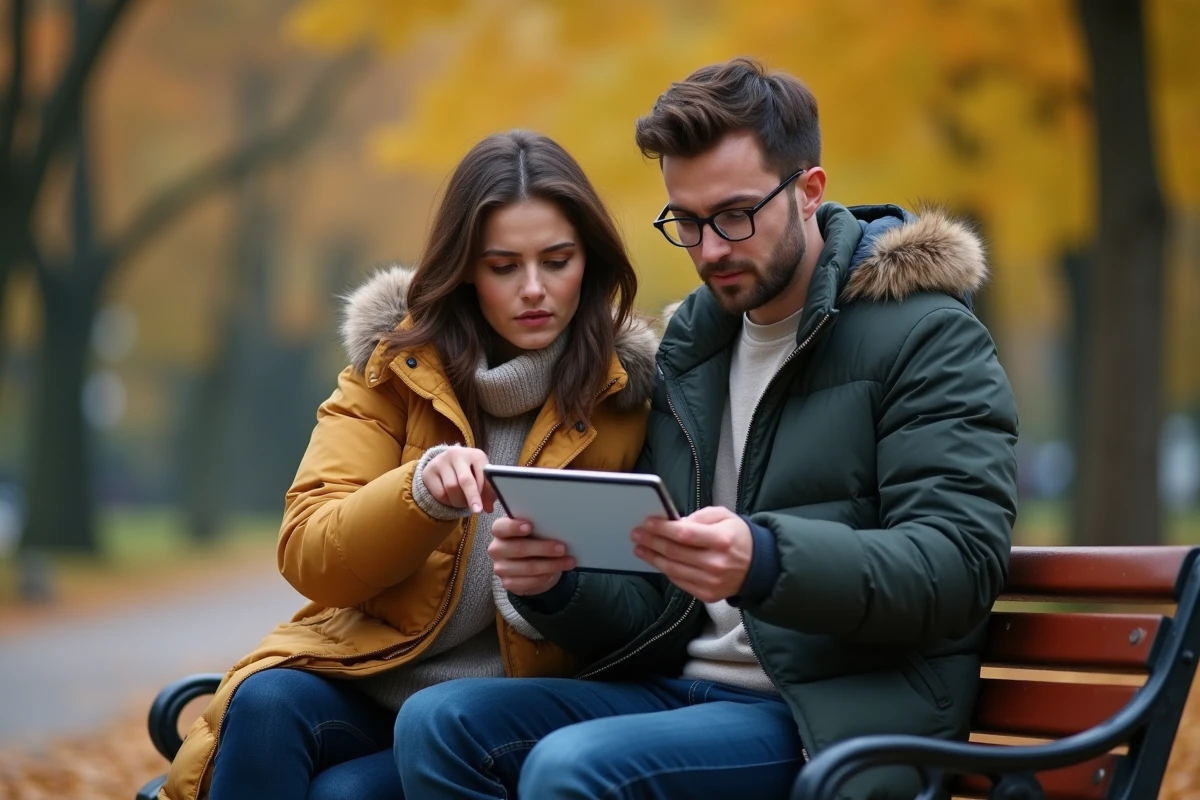 Deux personnes signalant un contact sur une tablette assises dans un parc en automne