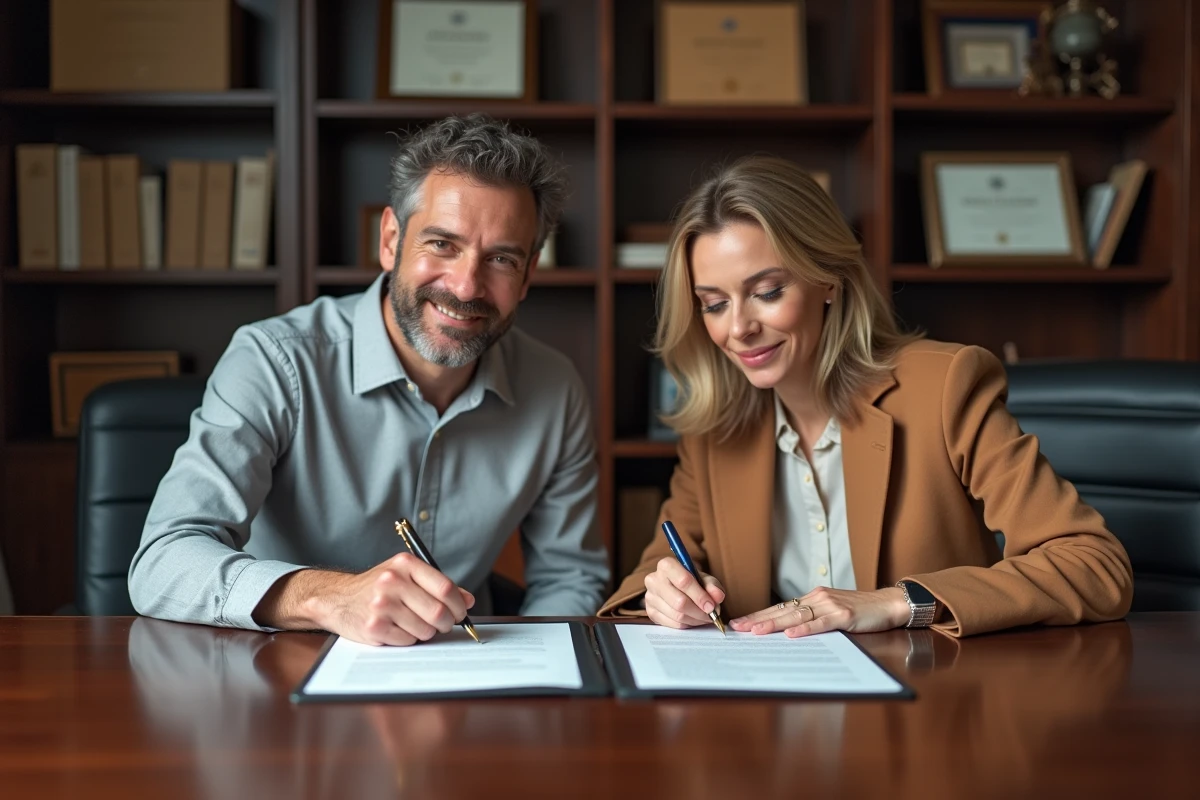 Deux dirigeants d'entreprise signant un accord de partenariat officiel dans un bureau professionnel