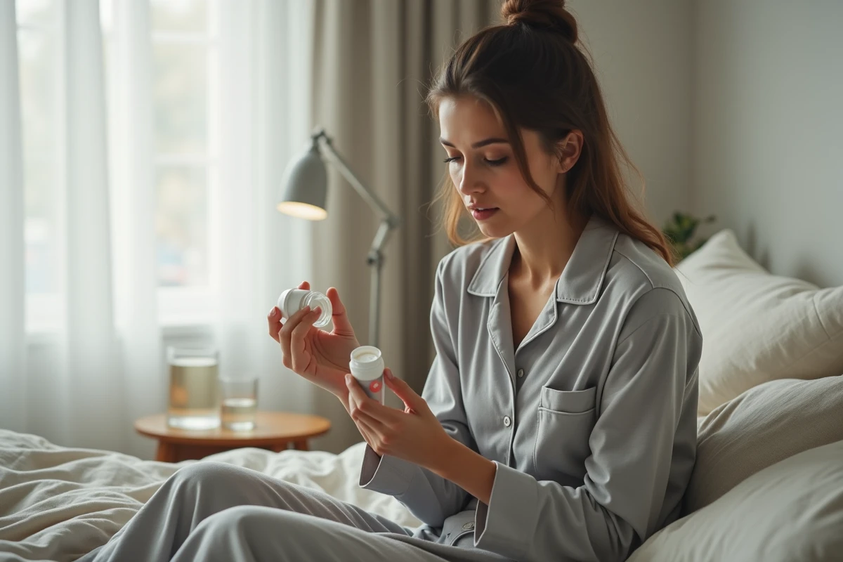 Femme lisant l'étiquette d'un somnifère sans ordonnance assise sur son lit le soir