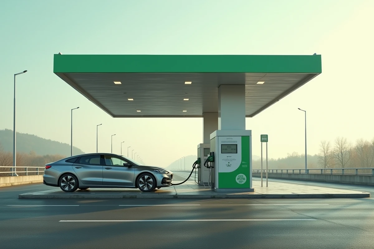 Station de recharge à hydrogène pour véhicules sur une autoroute moderne au lever du jour