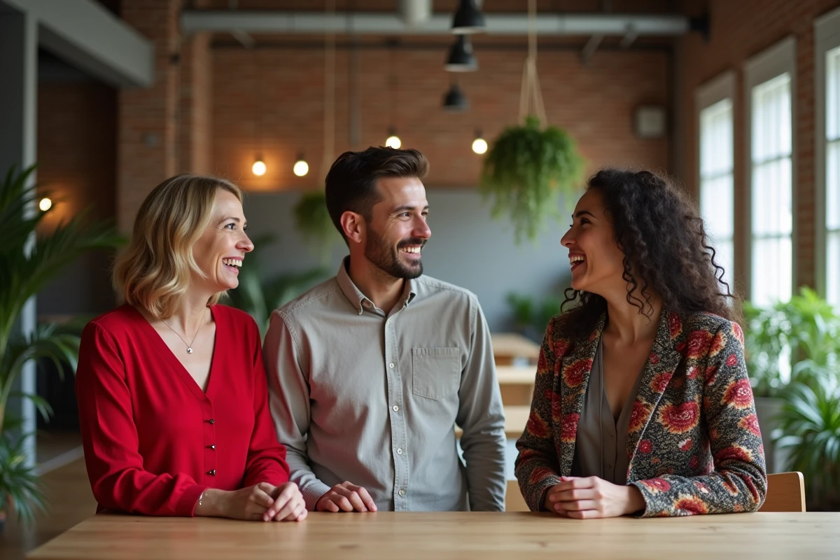 Groupe de collègues aux styles vestimentaires variés dans un espace de coworking, montrant comment les vêtements expriment la personnalité