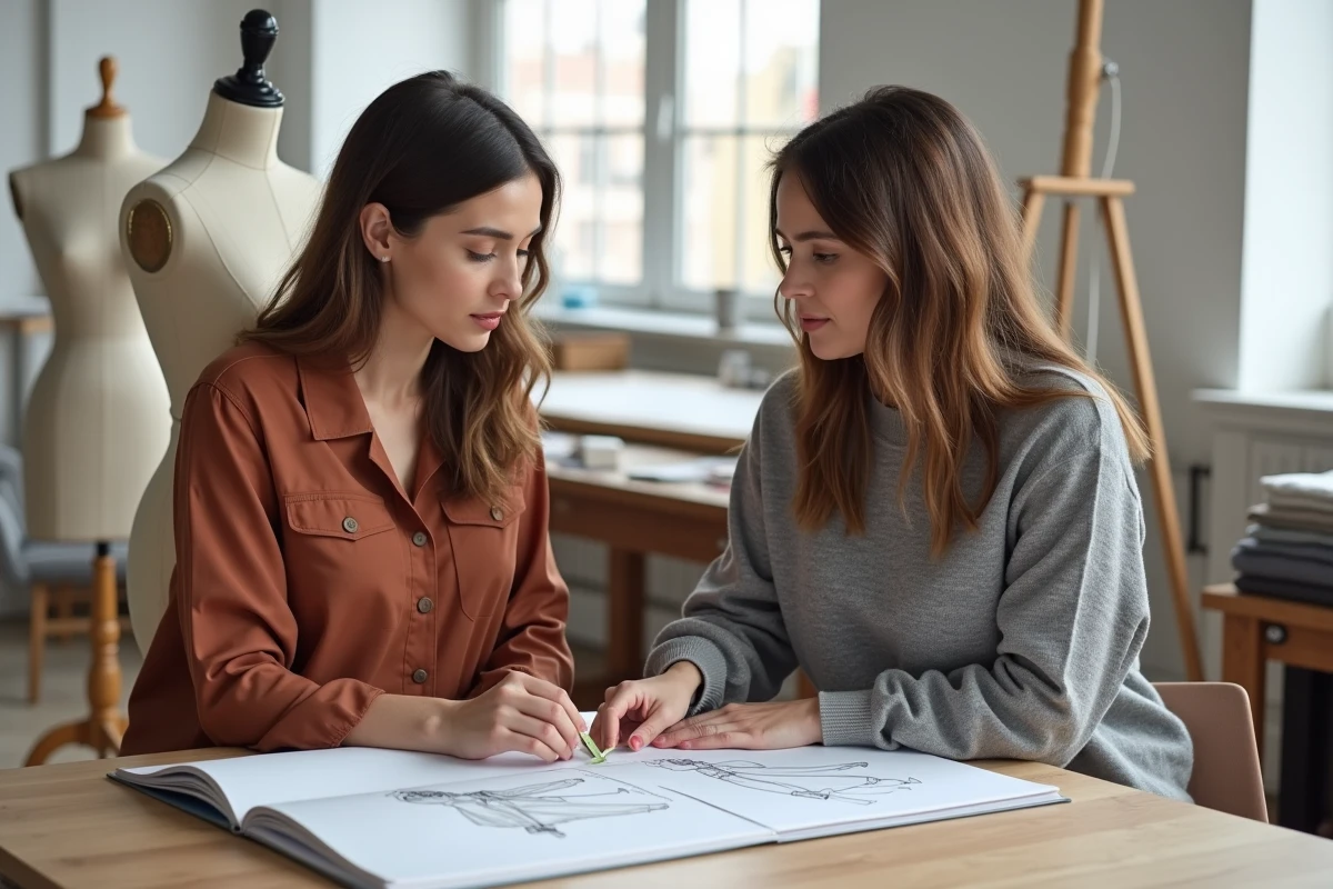 Styliste et modéliste collaborant sur un croquis de mode et une toile sur mannequin dans un atelier de création partagé