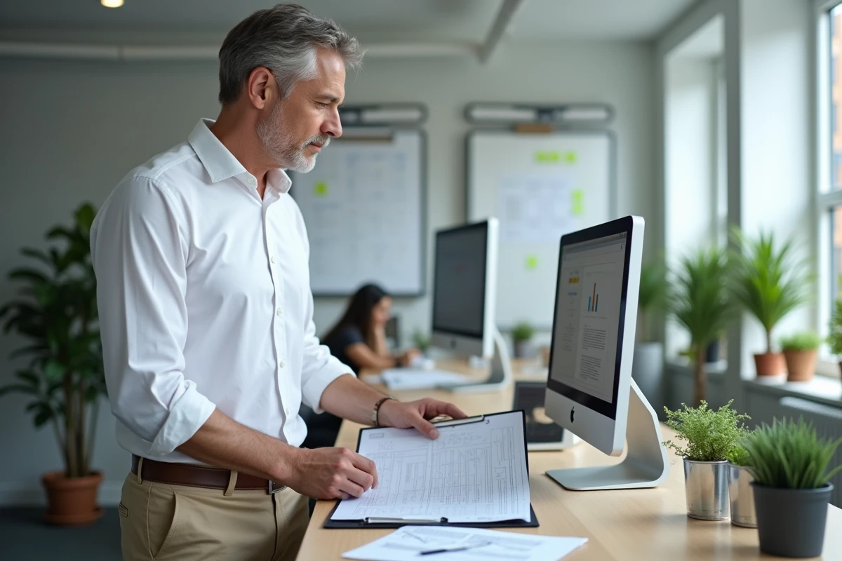 Professionnel en télétravail debout à un bureau debout consultant des documents imprimés dans un espace de travail minimaliste sans connexion internet