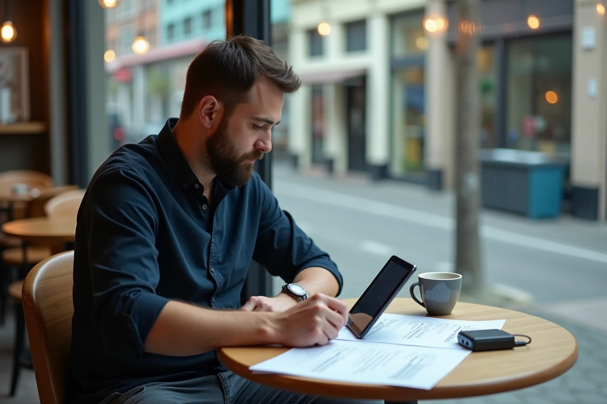 Homme en télétravail dans un café travaillant sur des documents imprimés et une tablette hors connexion internet
