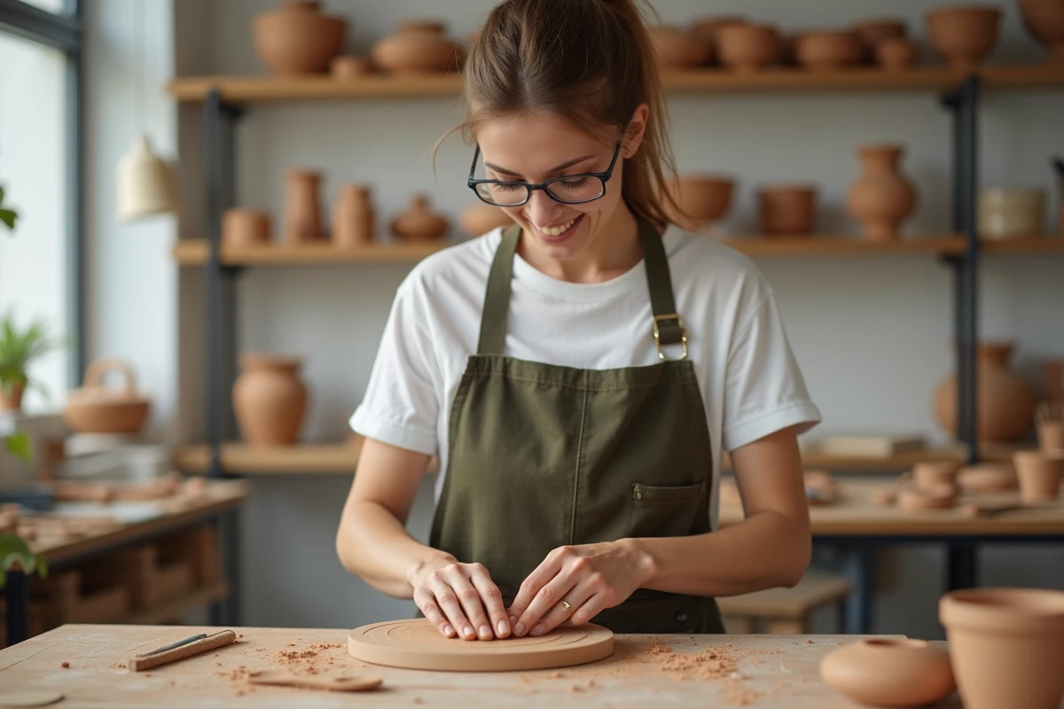 Jeune femme façonnant de l'argile dans un atelier de céramique, symbolisant la dimension pratique et manuelle de la théorie de la tête, du cœur et de la main