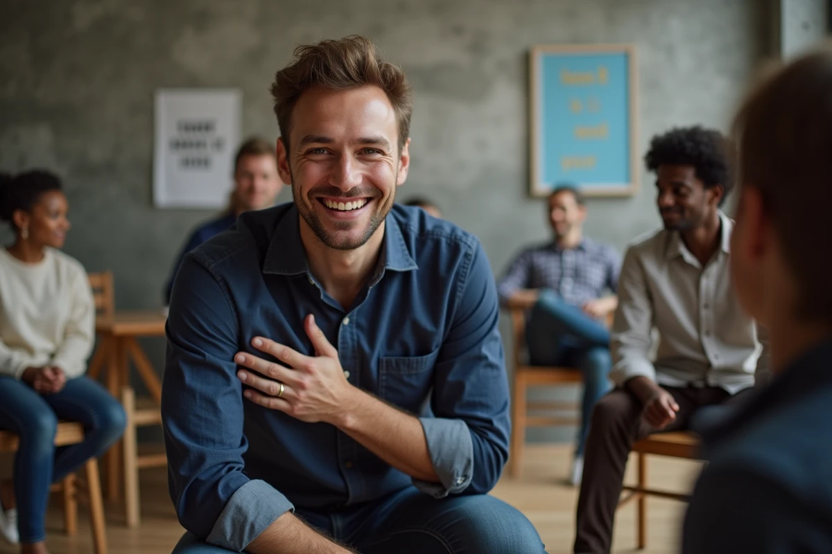 Animateur en atelier communautaire interagissant avec un groupe d'adultes assis en cercle, représentant la dimension émotionnelle et relationnelle de la théorie de la tête, du cœur et de la main