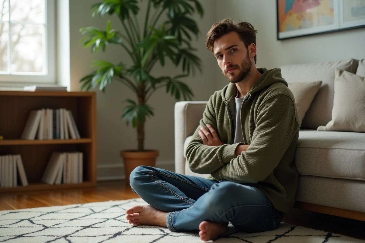 Jeune homme assis sur le sol d'un cabinet de psychologue dans une posture introspective, symbolisant le travail thérapeutique sur le traumatisme et la guérison émotionnelle