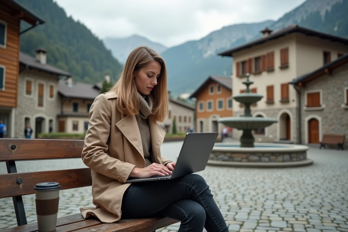 Touriste française en télétravail dans un village de montagne européen lors d'un voyage en 2026
