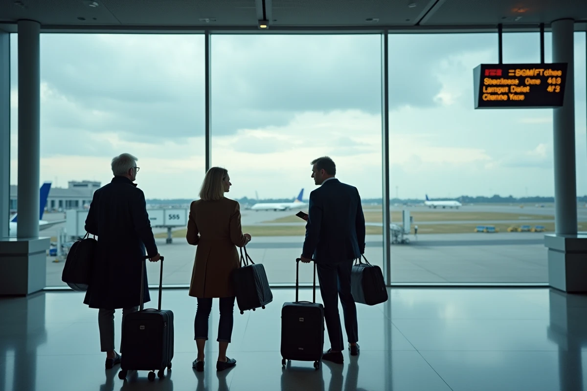 Groupe de touristes français dans un terminal d'aéroport international avant leur départ en 2026