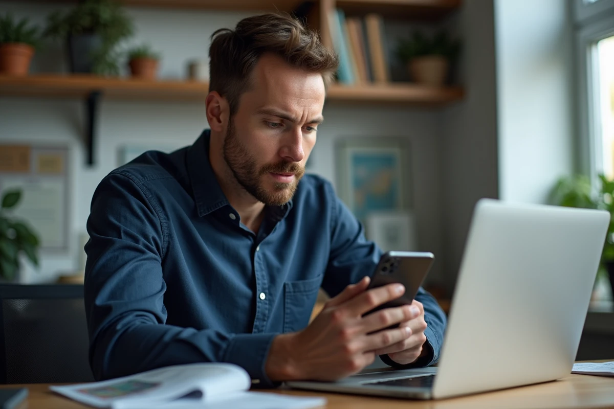 Homme consultant son ordinateur et son smartphone pour transférer des cryptomonnaies vers un compte bancaire