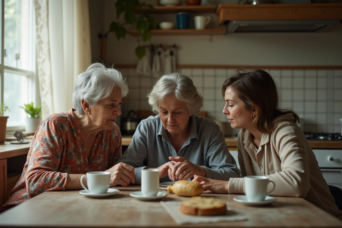 Trois générations de femmes réunies autour d'une table de cuisine ancienne, illustrant la transmission intergénérationnelle du traumatisme et la distance émotionnelle familiale