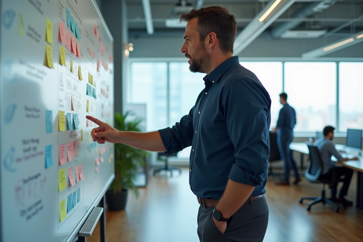 Manager expliquant les différents types de productivité sur un tableau blanc dans un espace de travail collaboratif