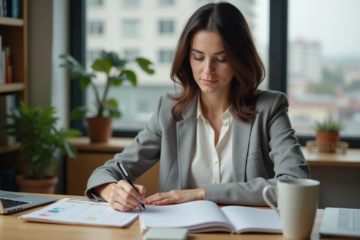 Femme professionnelle organisant son planning et ses notes pour optimiser sa productivité au bureau