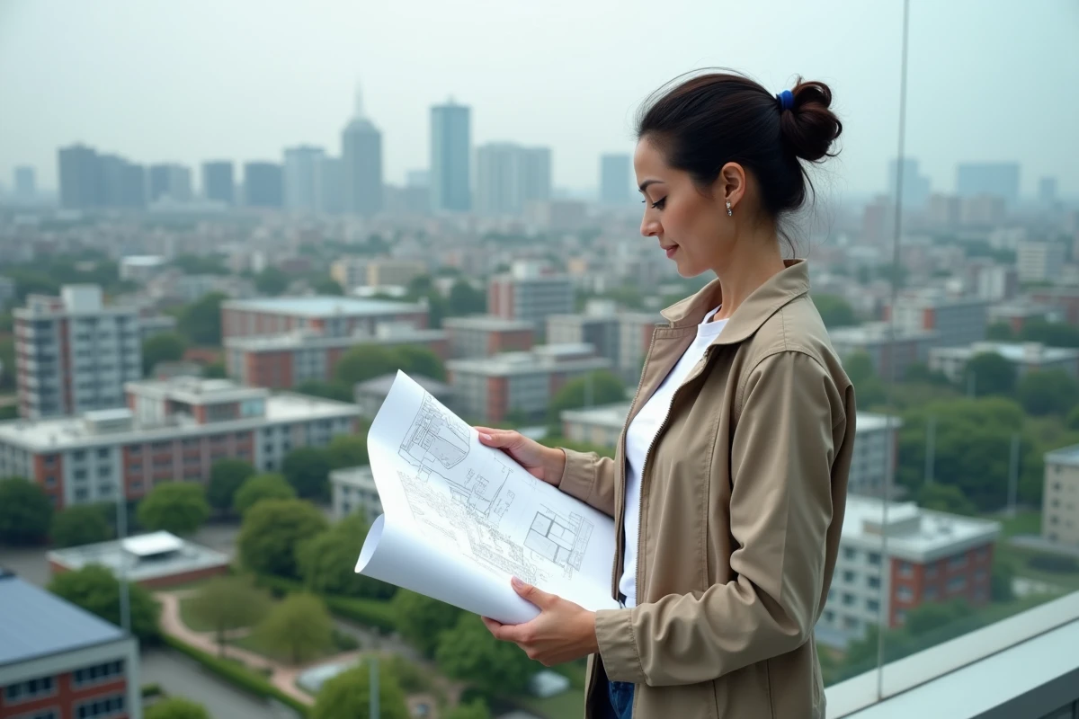 Urbaniste analysant un plan architectural sur un toit avec vue sur la ville