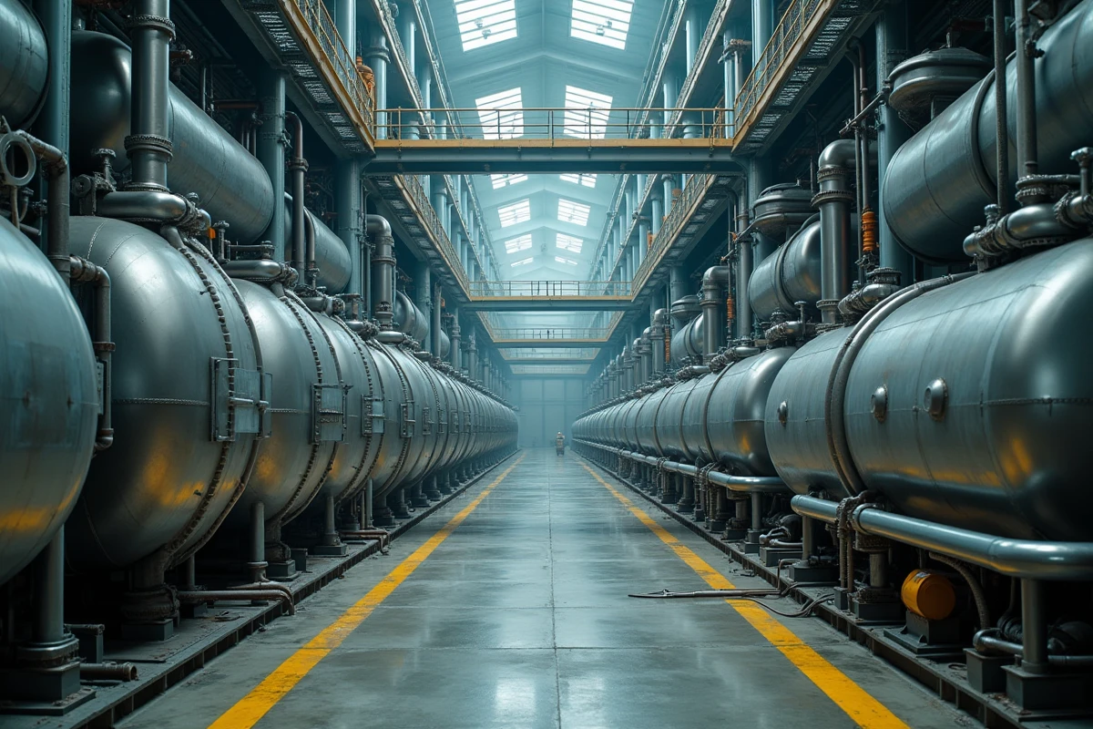 Intérieur d'une usine industrielle de production d'hydrogène avec des cuves et des équipements d'électrolyse à grande échelle