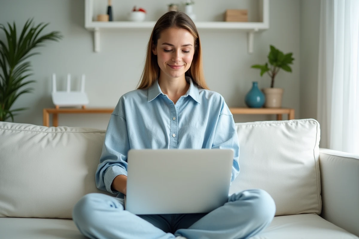 Femme utilisant le Wi-Fi sur son ordinateur portable dans un salon au style scandinave
