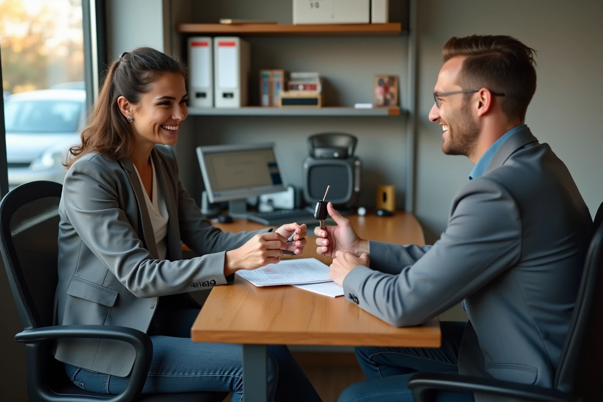 Femme vendant une vieille voiture à un revendeur automobile dans un bureau de rachat de véhicules d'occasion