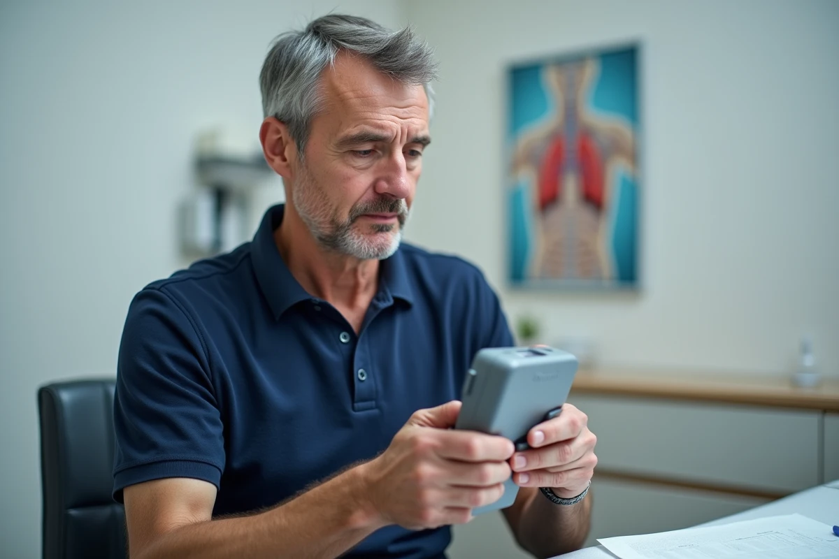 Homme utilisant un débitmètre de pointe dans un cabinet médical pour évaluer sa respiration