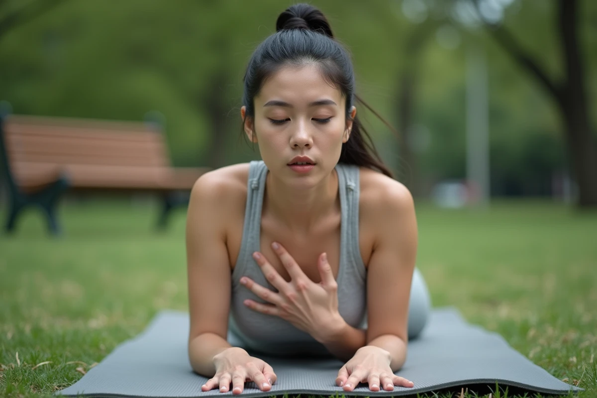 Jeune femme allongée sur un tapis de yoga en plein air observant sa respiration abdominale