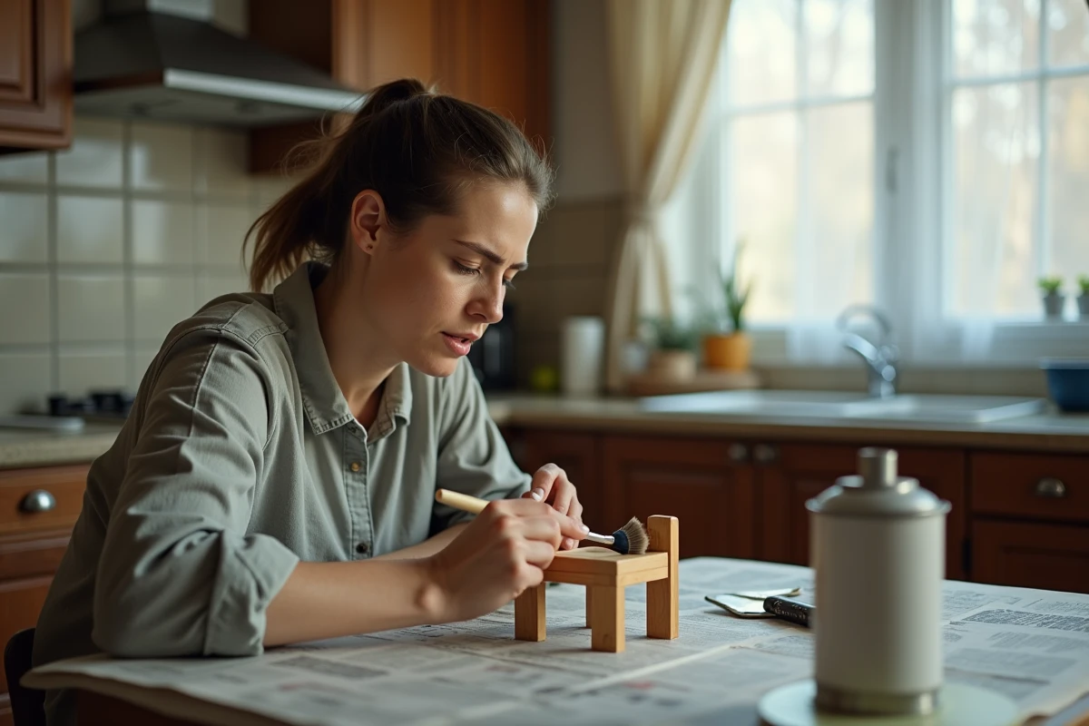 Femme appliquant du vernis sur un meuble en bois à la maison, avec des produits chimiques visibles sur la table de cuisine