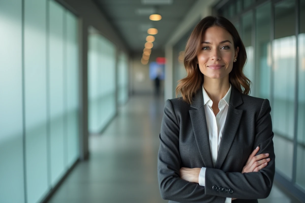 Femme en tailleur blazer dans un couloir de bureau, illustrant l'impact des vêtements professionnels sur la confiance en soi