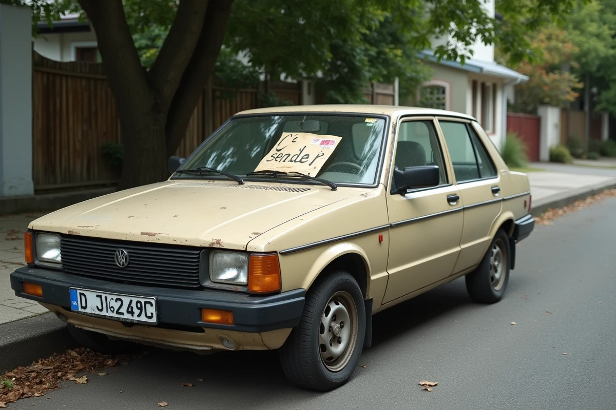 Vieille voiture des années 80 à vendre dans une rue résidentielle avec une pancarte à vendre sur le pare-brise