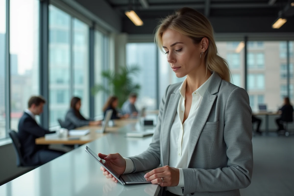 Femme utilisant une tablette pour effectuer un virement depuis une plateforme blockchain vers sa banque