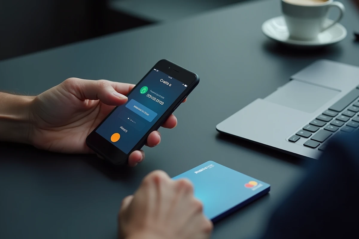 Gros plan de mains tenant un smartphone affichant un transfert de cryptomonnaie vers un compte bancaire avec une carte bancaire posée sur le bureau