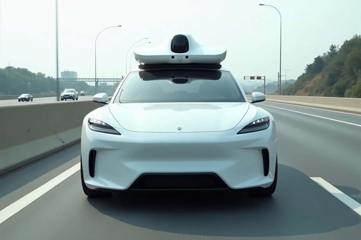 Voiture autonome sur autoroute avec capteurs LiDAR et caméras de conduite automatisée visibles