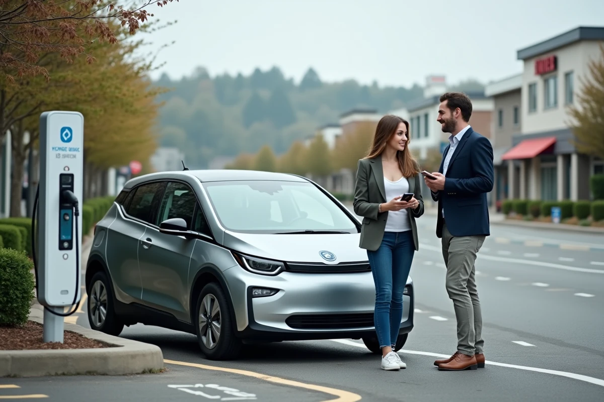 Deux personnes discutant près d'une voiture électrique en charge dans un parking public suburbain