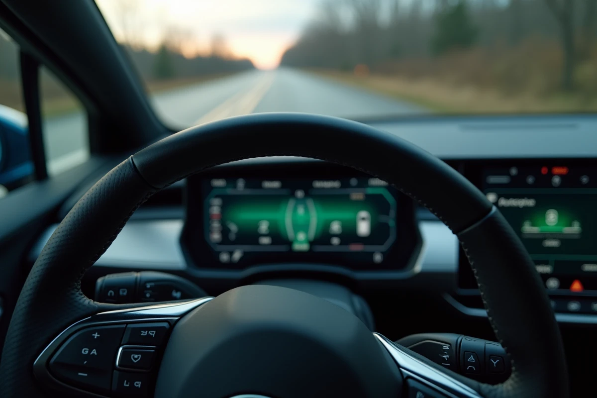 Gros plan sur le volant et l'écran de bord affichant le mode pilotage automatique activé